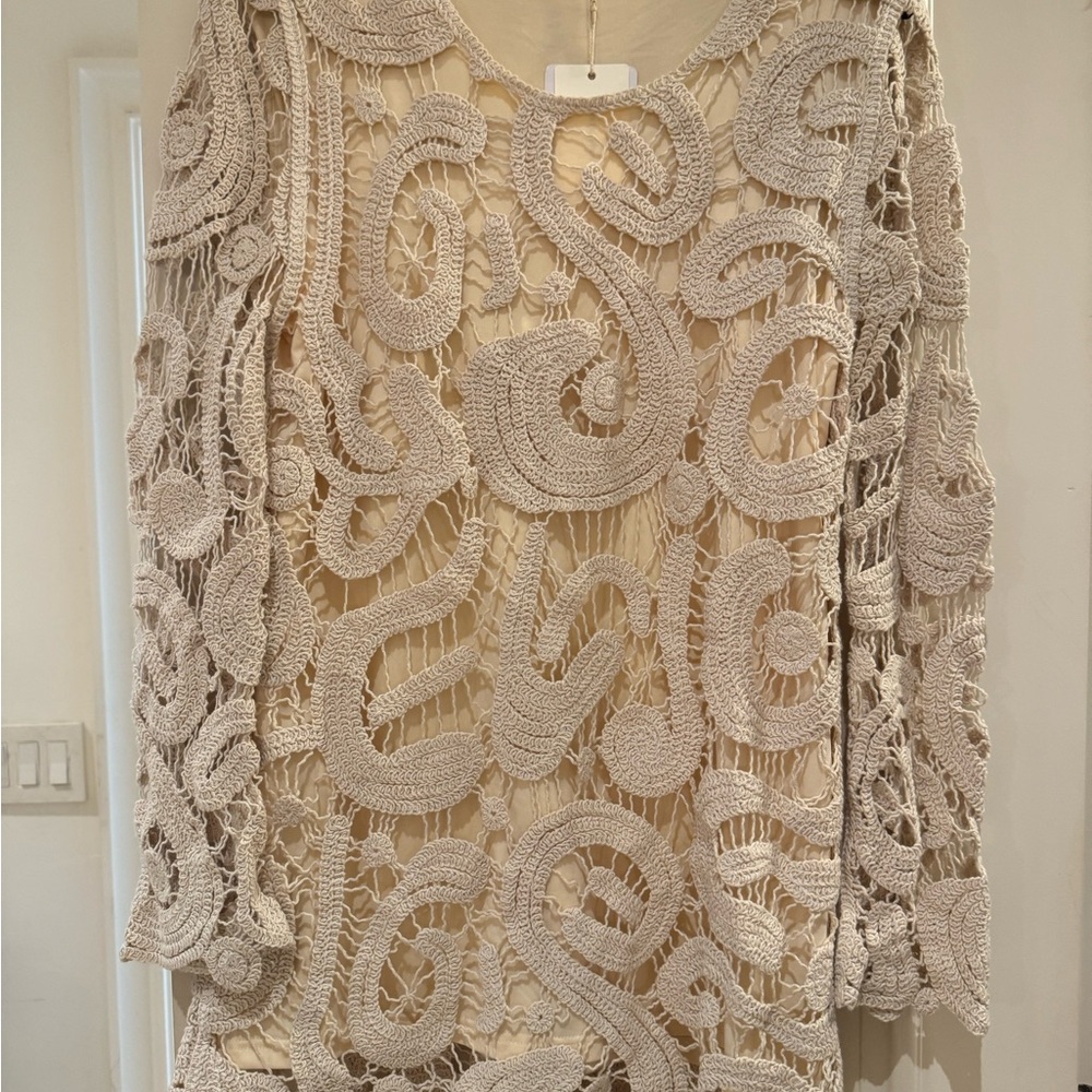 Beige Crochet Knit Mini Dress
